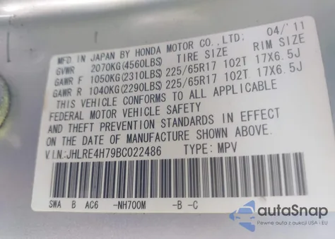 2011 Honda Cr-V Ex-L z USA, uszkodzony, nr VIN JHLRE4H79BC022486